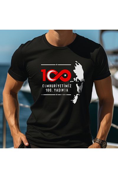 Pisa Art Ataturk 100th Years Special Series Design Printed Crew Neck 100% βαμβακερό μπλουζάκι μαύρο - κόκκινο