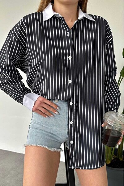 Mylocker Kadın Siyah Çizgili Oversize Gömlek