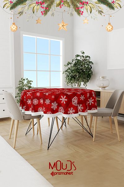 Moud's Checkered Snowflakes Christmas Patterned Round Suede Carefree Tablecloth