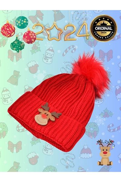 mottomia New Year/Valentine's Day Special Collection Red Beanie with Deer Figure and Pompom| Christmas Hat