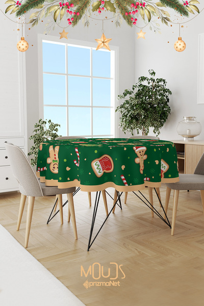 Moud's Yeşil Yılbaşı Kurabiyeleri Desenli Yuvarlak Süet Dertsiz Masa Örtüsü