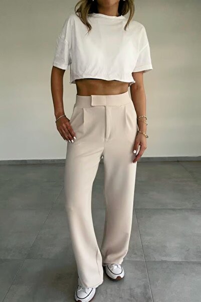 lady special Γυναικεία Κρεμ Ζώνη Velcro Λεπτομερή Lycra Palazzo Παντελόνι