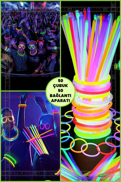 Greathings 50 Adet Çubuk 50 Adet Bağlantı Neon Fosforlu Çubuk Konser Parti Eğlence Çubukları 12 Saat Parlaklık