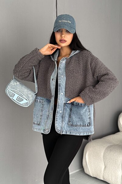 FEMELLE Women's Gray Snap Button Denim Hooded Plush Jacket