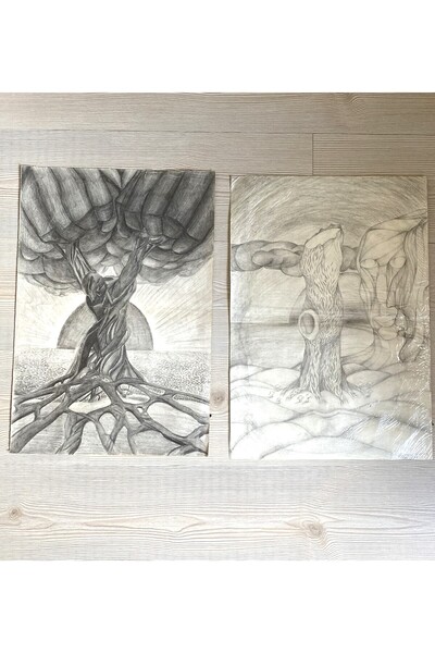 SANAT TACİRİ 50CM 2 ADET KARAKALEM RESİM KAĞIT ÜZERİNE KARA KALEM ÇALIŞMA