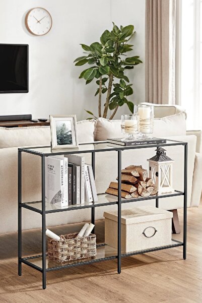 TOLIAHOME Modern 3 Katlı Siyah Renk Metal İskeletli Cam Raflı Dresuar Konsol