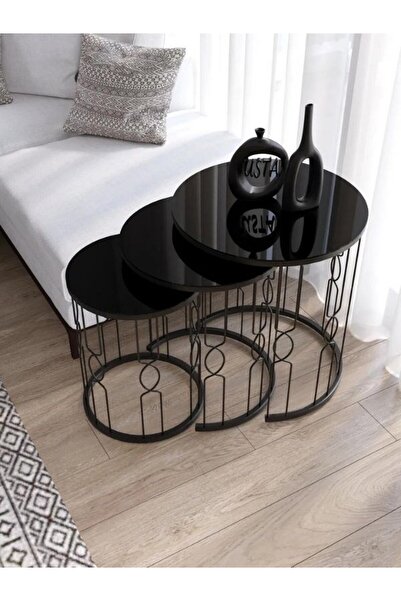 tubihome 3'lü Hayal Telli Model Siyah Metal Zigon Sehpa