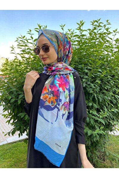Aker Yaz Serinliği Çiçek Desenli Ipek Koton (PAMUKLU) Etol Şal 7848777 Mavi