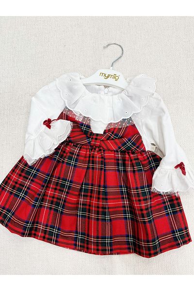 Mymio baby girl dress plaid patterned red lace collar