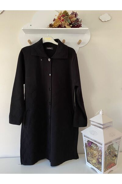 sinankardeşler Black Buttoned Mother Cardigan Winter Comfortable Cut with Pockets