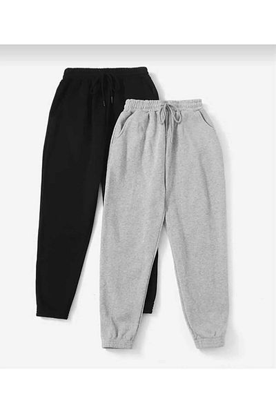 EXPECTED Πακέτο 2 Μαύρο γκρι Basic Jogger πλεκτό παντελόνι φούτερ με φλις εσωτερικά 2 κλωστές
