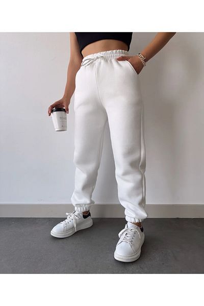 EXPECTED Λευκό Basic Jogger Χοντρό Fleece Πλεκτό Φούτερ