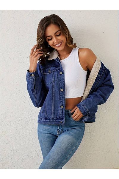 Cuqq Denim Jachetă de blugi slim cu blană pentru femei, albastră