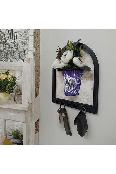 CajuArt Purple Flower Pot Color White Artificial Flower Patterned Wooden Motif Wall Decor