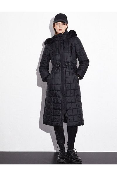 Kayra Faux Fur Waist Drawstring Coat Black