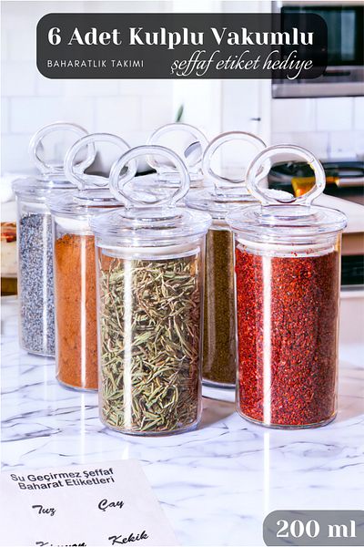 Serin Bardak 6 Pieces Spice Jar Set with Handles and Vacuum Lid (TRANSPARENT SPICE Label GIFT)