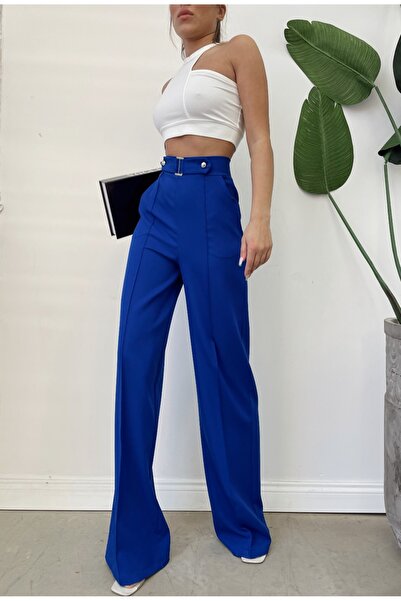 H&A İSTANBUL Kadın Yüksek Bel Palazzo Düğmeli Detay Slim Fit Kalip Pantolon