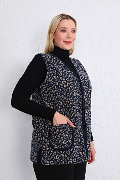Kardelen Butik Ümraniye Cream Navy Blue Leopard Fleece Vest
