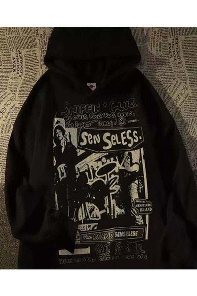 FULL TOLERANCE Hanocă neagră cu imprimeu cu desene animate grunge (unisex).