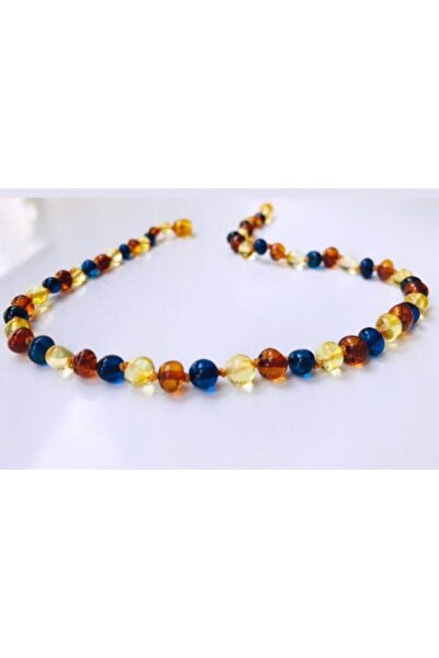 NİSSBEBE Mavi Safir Multicolor Orijinal Kehribar Kolye 32-33 Cm