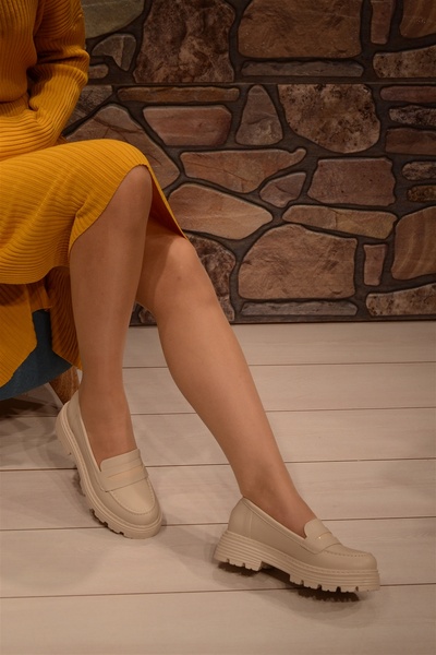 Isy WOMEN'S CREAM LOAFER MODEL Patent Leather TIE THICK SOLE OXFORD SHOES