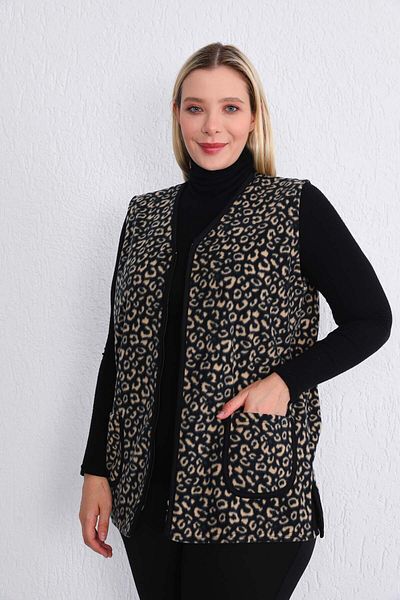 Kardelen Butik Ümraniye Plus Size Black Cream Leopard Fleece Vest