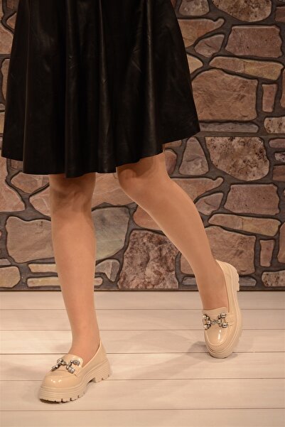 Isy KADIN KREM RUGAN TAŞ TOKALI KALIN TABAN OXFORD AYAKKABI