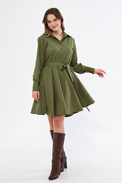 Bidoluelbise Dokuma Dökümlü Kumaş Uzun Kol Beli Lastikli Ve Kuşaklı Mini Gömlek Elbise