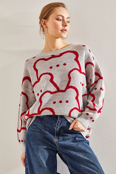 Bianco Lucci Pulover oversize pentru damă, tricotaj cu model ursuleț