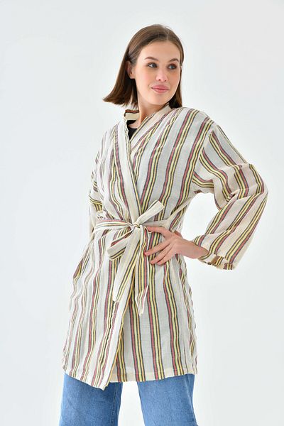 mirach Loincloth Bathrobe Hand-Woven Kimono Caftan Belted Striped Red Green Natural Fabric Pareo