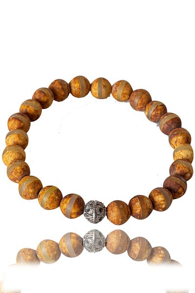 Tesbih Atölyesi Certified Brown Striped Tibetan Agate Stone Bracelet - With Silver Device