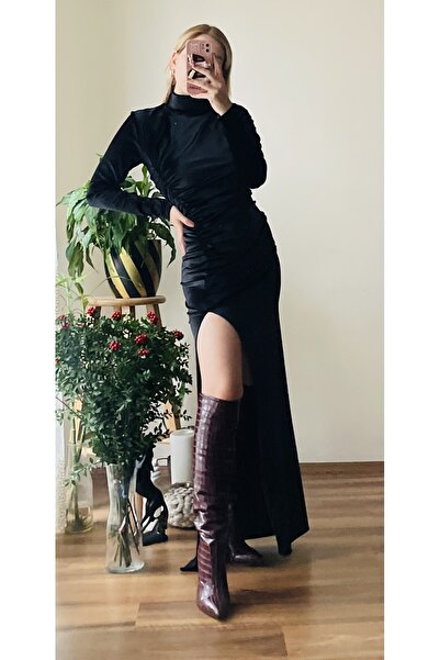 elegante moda Kadife, büzgülü yırtmaçlı uzun elbise