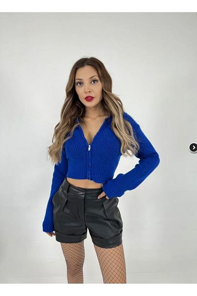 Fame Pulover de damă cu fermoar Crop Tricot Blue Sax
