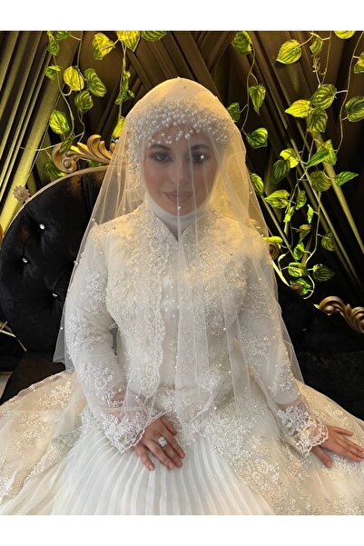 ecrin tuhafiye hobi Beyaz Inci Detaylı Zarif Gelin Duvak Seti