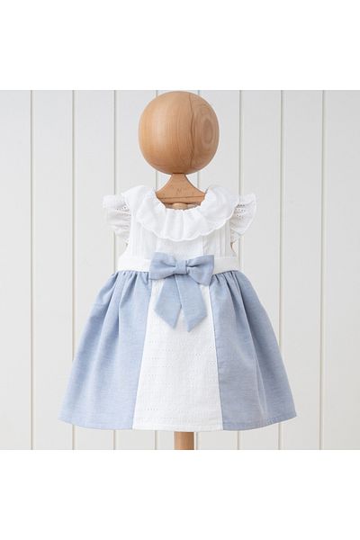 DIDuStore Blue Girl's Dress with Elegant Lace Detail and Bow Decoration