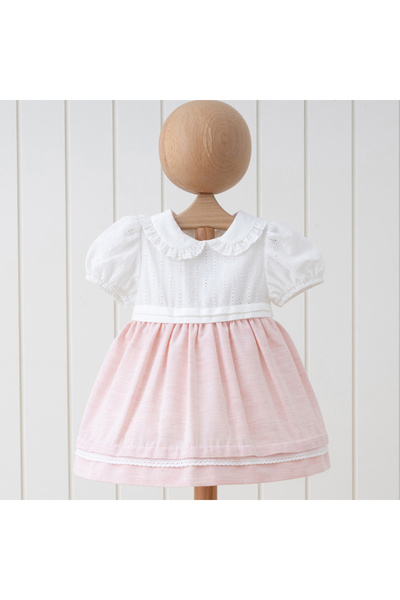 DIDuStore فستان سالمون أنيق للفتيات الصغيرات بأكمام منتفخة وياقة مطرزة بالدانتيل