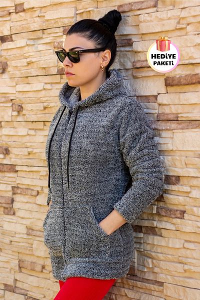 Azıcık Akıllı Women's Gray Plush Thick Zippered Hooded Pocket Jacket 23kcktmy50