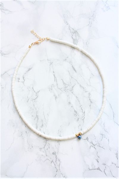 Neva WHITE COLOR PHYMO BEAD MURANO STONE EVIL EYE BIGUTERY NECKLACE