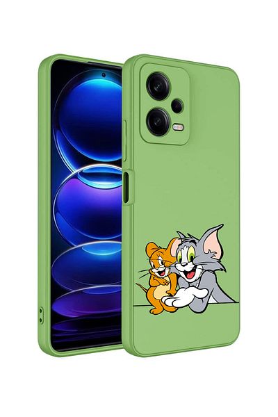Merwish غطاء حماية من السيليكون لهاتف Xiaomi Redmi Note 12 Pro 5G متوافق مع توم وجيري من الداخل مخملي باللون الأخضر
