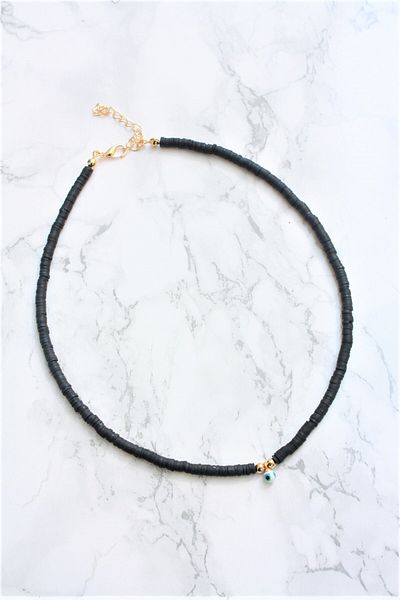 Neva BLACK COLOR PHYMO BEAD MURANO STONE EVIL EYE BIGUTERY NECKLACE