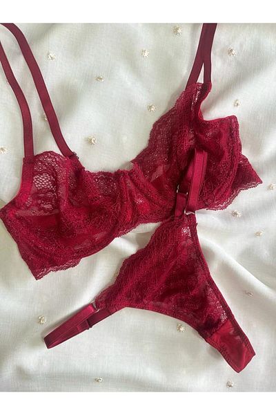 Love by Bra New Year's Dark Red Fancy Bra Bralet Thong String Set