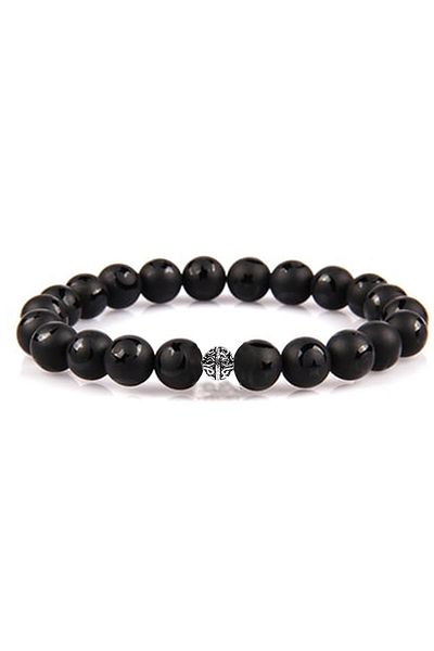 Tesbih Atölyesi Certified Crescent and Star Patterned Raw Onyx Stone Bracelet - with Silver Device