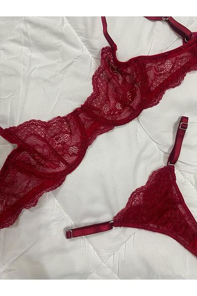 Love by Bra New Year's Dark Red Fancy Bra Bralet Thong String Set