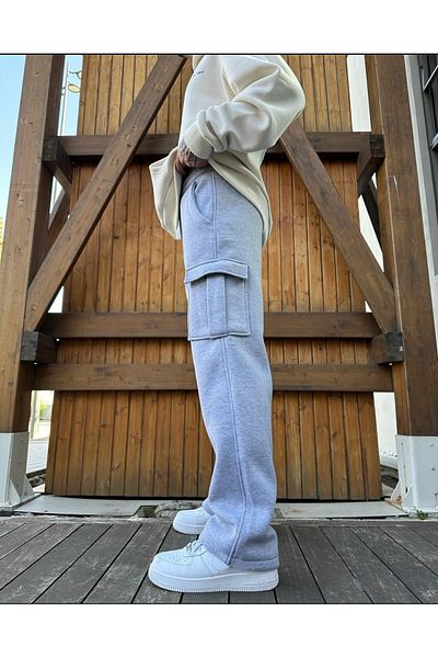 FİTGO Gray Baggy Cut Sweatpants with Cargo Pockets