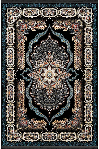 Rugs Modern Halı Siyah Temalı Çok Renkli Geleneksel Motif Etnik Çiçek Desenli...