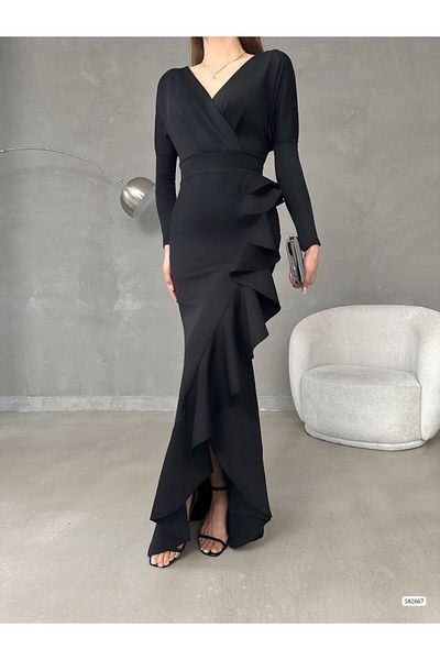 ModaLy Moda Ευέλικτο ύφασμα Scuba Μαύρο Χρώμα Flounce Λεπτομερές μακρυμάνικο βραδινό φόρεμα 739 582667