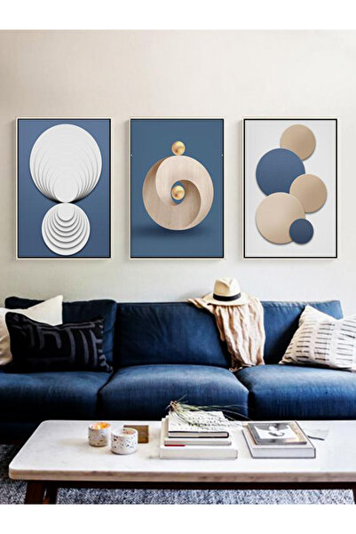 Linacci 3lü Siyah Çerçeveli Mavi Krem Soyut Metal Cam Tablo Seti