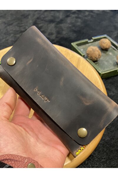 MAT Deri Tütün Çantası Hakiki Deri Tütünlük El Yapımı Kestane Rengi Tütün Kesesi