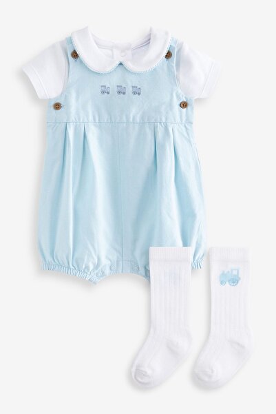 Next Baby % 100 Pamuklu Pale Blue Smart Salopet Body Çorap 3’lü Set