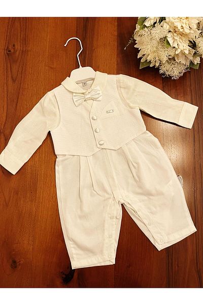 Babydola baby boy romper with bow tie and vest for special occasion linen fabric 100% cotton